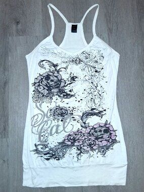 Vintage Y2k SoCal Tattoo Skulls and Roses Long Tank Top Size Large READ! STAINED